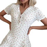 Krem Çiçek Desenli Düğmeli Kısa Tulum - ÖzgeButik