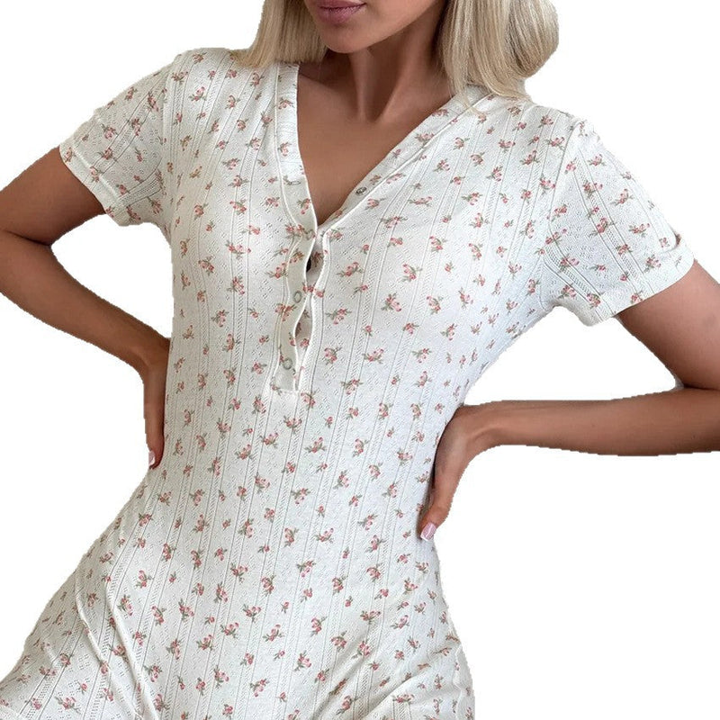 Krem Çiçek Desenli Düğmeli Kısa Tulum - ÖzgeButik