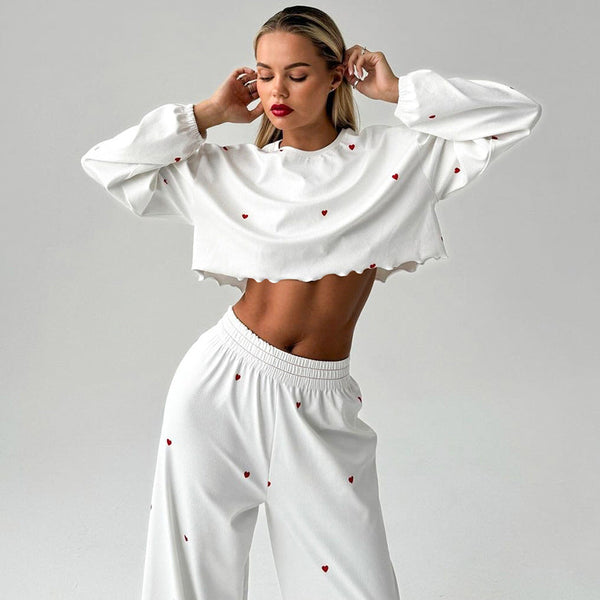 Kalp Baskılı Uzun Kollu Crop Pijama Takımı - ÖzgeButik
