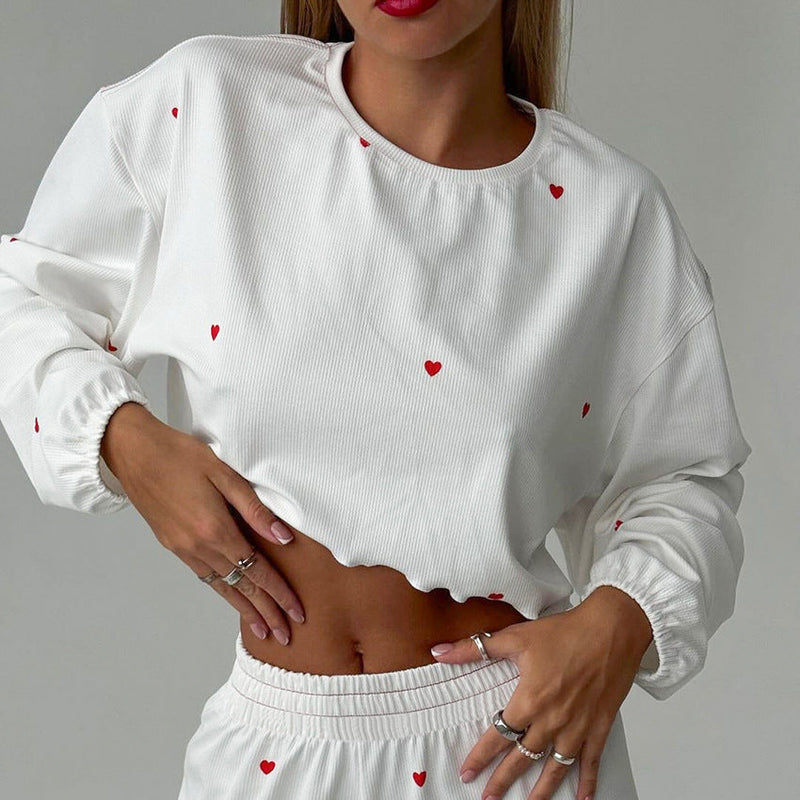 Kalp Baskılı Uzun Kollu Crop Pijama Takımı - ÖzgeButik