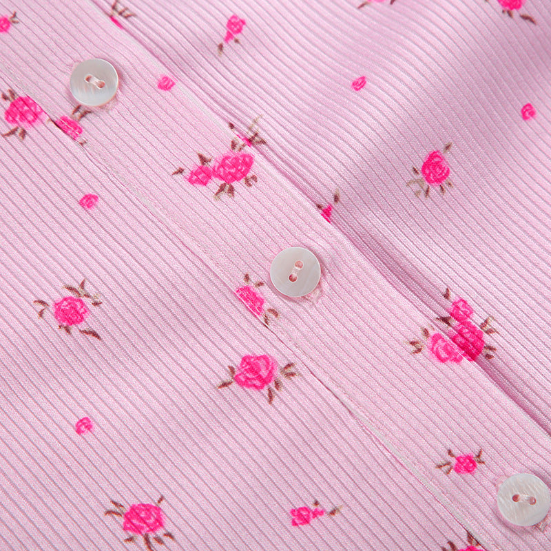 Pembe Çiçek Desenli Uzun Kollu Düğmeli Kadın Tulum Pijama - ÖzgeButik