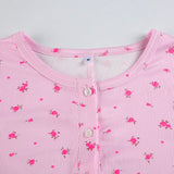 Pembe Çiçek Desenli Uzun Kollu Düğmeli Kadın Tulum Pijama - ÖzgeButik