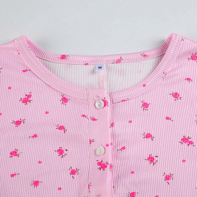 Pembe Çiçek Desenli Uzun Kollu Düğmeli Kadın Tulum Pijama - ÖzgeButik