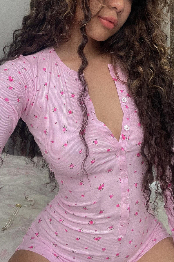 Pembe Çiçek Desenli Uzun Kollu Düğmeli Kadın Tulum Pijama - ÖzgeButik