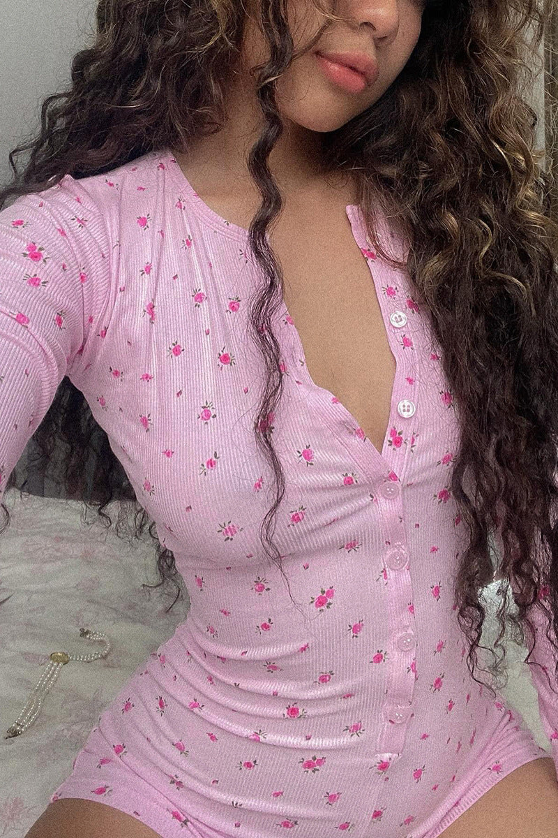 Pembe Çiçek Desenli Uzun Kollu Düğmeli Kadın Tulum Pijama - ÖzgeButik